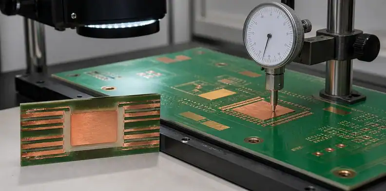 A height gauge checks an embedded copper coin PCB insert and its bonded multilayer cross-section.