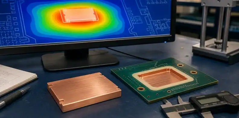 An embedded copper coin PCB thermal map is reviewed with the machined insert and cavity interface.
