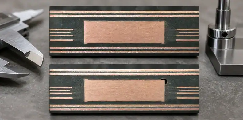 Cross-sections compare embedded copper coin PCB clearance, resin bonding, and a local void.