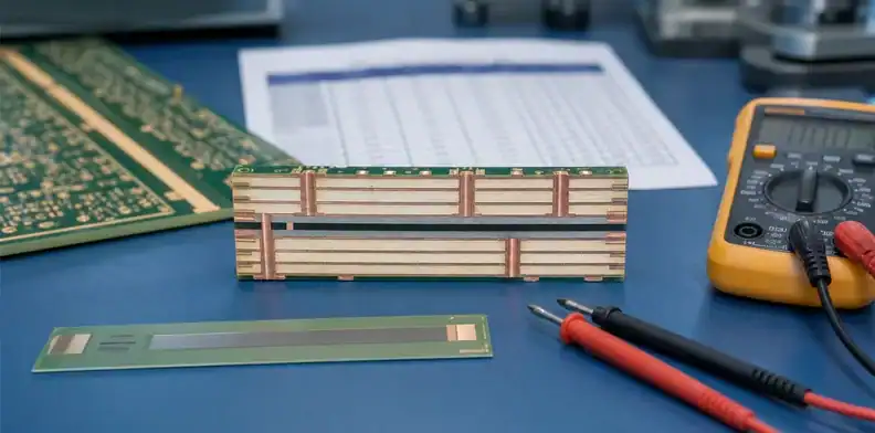 A buried resistor PCB stack-up review shows an embedded resistor layer, value table, and measurement coupon on an engineering bench.