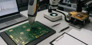 An XRF-style probe checks enepig pcb finish evidence on selected gold pads.
