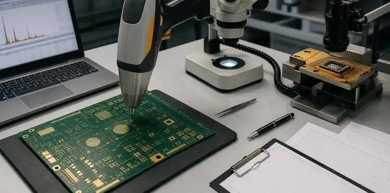 An XRF-style probe checks enepig pcb finish evidence on selected gold pads.