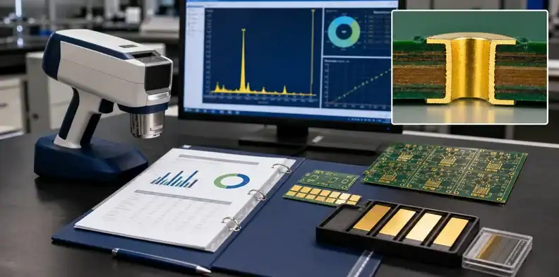 Engineering review desk showing an enig thickness spec with XRF finish report evidence