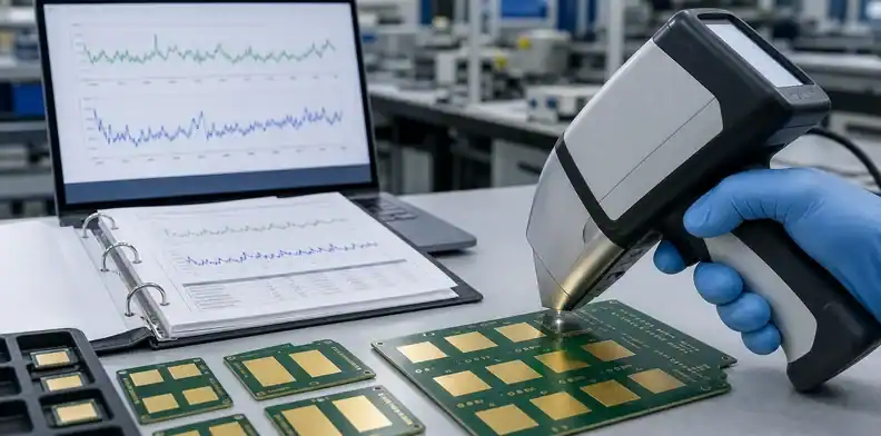 XRF report review scene for an enig thickness spec with nickel and gold measurement evidence