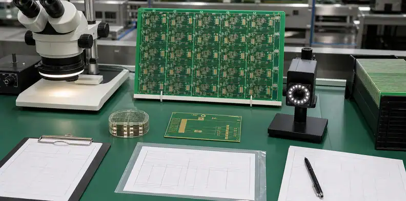 A PCB inspection bench shows ai pcb manufacturing evidence planning with coupons, microscope review, and blank records.