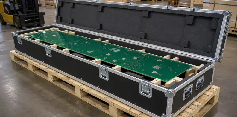 A reinforced export case completes oversized PCB packaging for long routes.