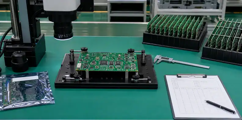 A first article test fixture shows ai pcb prototype to production evidence for pilot lot inspection.