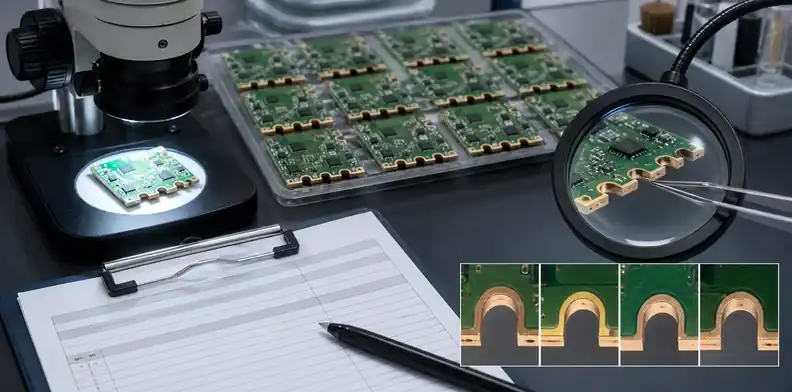 Magnified half-hole edges show castellated hole plating acceptance after depaneling inspection.