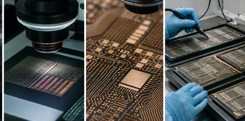 Dense copper traces illustrate the BT PCB manufacturing process for fine patterning.