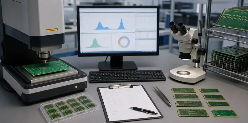 A lab workstation records enepig pcb finish thickness evidence and lot traceability.