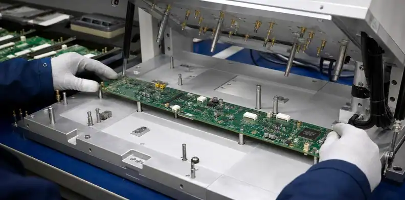 Functional datums align connectors and test points in a large PCB test fixture.