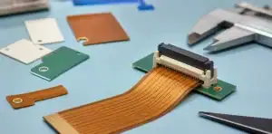 Flex pcb stiffener review with ZIF connector tail and material samples on an assembly desk