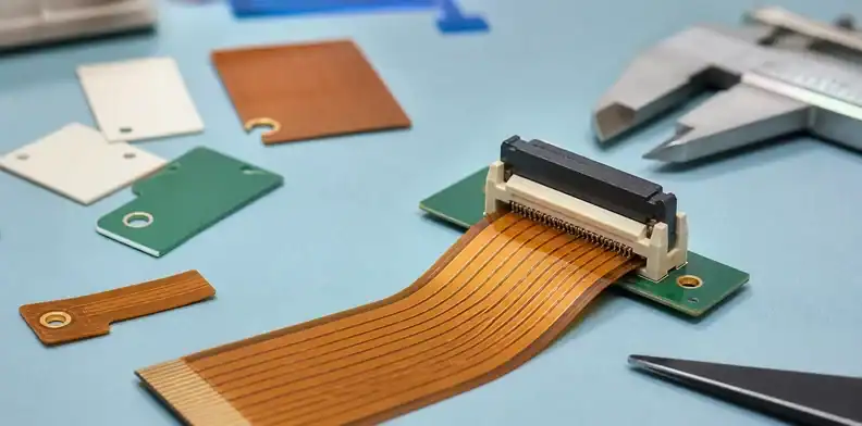 Flex pcb stiffener review with ZIF connector tail and material samples on an assembly desk