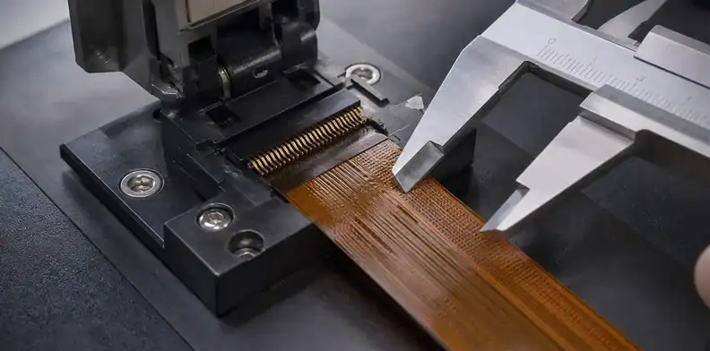 Flex pcb stiffener ZIF tail thickness check with calipers and connector socket