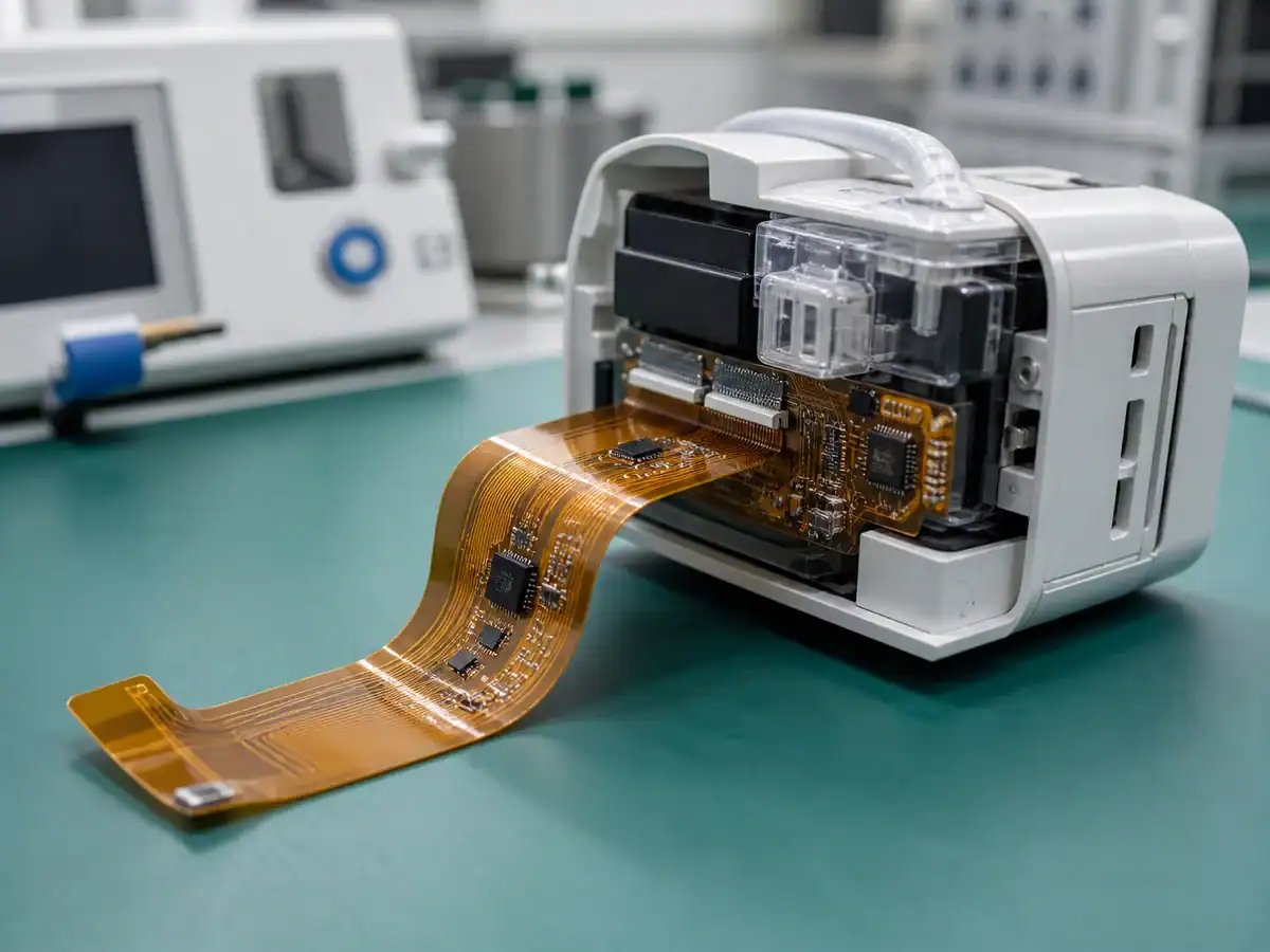 Flexible PCB for medical device sensor module with fine copper traces and mounted components