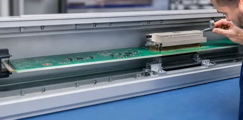 A compliant interface and local supports prevent forced large PCB connector alignment.