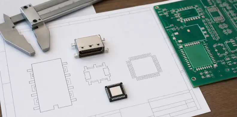 A connector and QFN package show ai pcb footprint verification against a 1:1 land pattern printout.