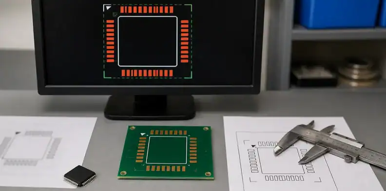 An assembly review desk shows ai pcb footprint verification with component samples, board pads, and blank records.