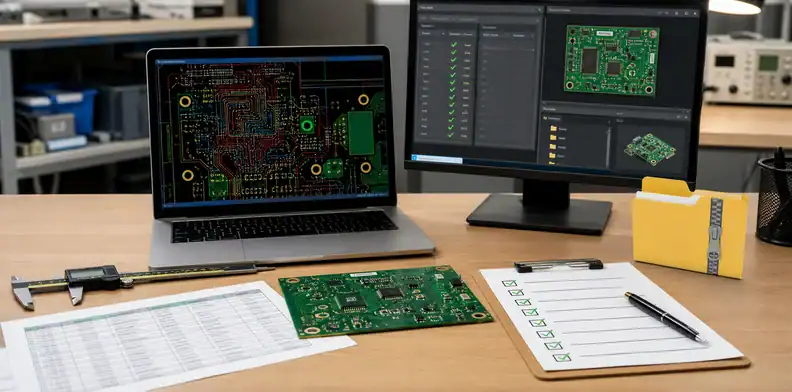 An engineering desk shows ai generated pcb quote readiness with layout files, a package folder, and a checklist.
