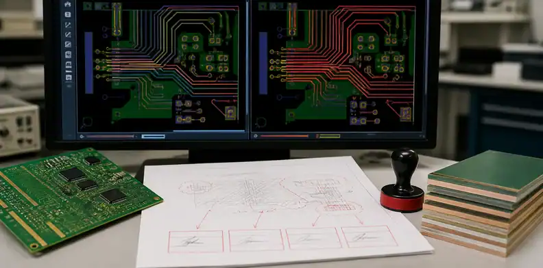 A before-and-after trace review shows ai pcb impedance stackup geometry changes awaiting engineering approval.