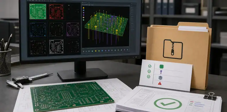 A Gerber package folder and viewer show ai pcb gerber review before an export hold reaches CAM.
