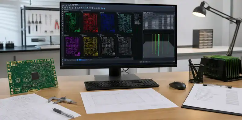 A CAM workstation shows ai pcb gerber review with layer thumbnails, drill visualization, and a quote checklist.