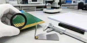A magnifier checks pcb gold finger plating acceptance on a card-edge connector interface.
