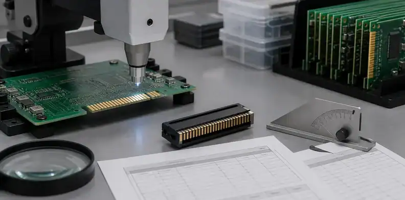 An inspection head and bevel gauge support pcb gold finger plating acceptance for finish and fit.
