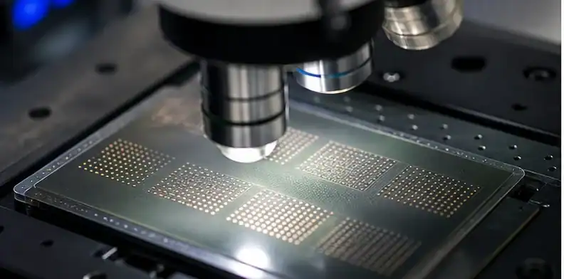 An HDI microvia test coupon is inspected under magnification for process review.