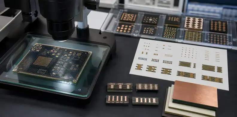 An HDI inspection bench shows ai pcb specialty limits for microvias, lamination sequence, and fine pitch pads.