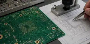 An engineering scene for HDI registration showing fine-pitch HDI BGA escape and microvias.