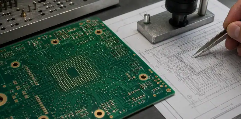 An engineering scene for HDI registration showing fine-pitch HDI BGA escape and microvias.