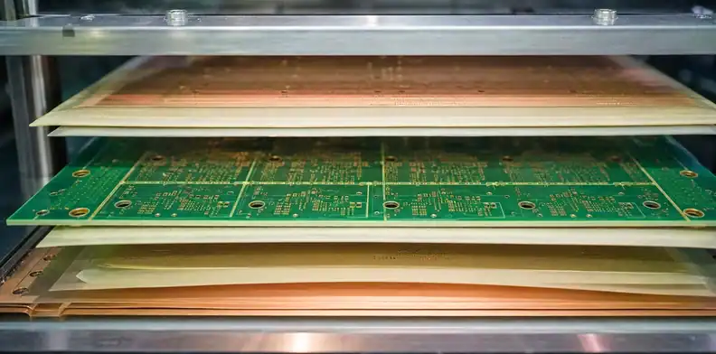 An engineering scene for HDI registration showing sequential HDI buildup layers and alignment marks.