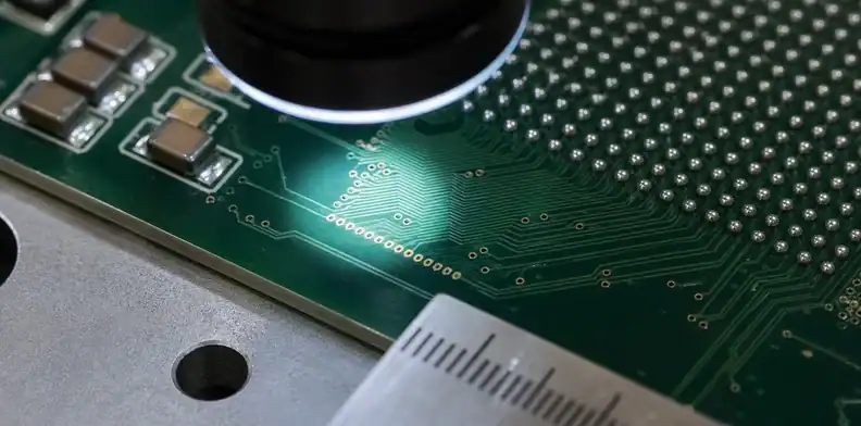 An engineering scene for HDI registration showing an HDI microvia landing pad under inspection.
