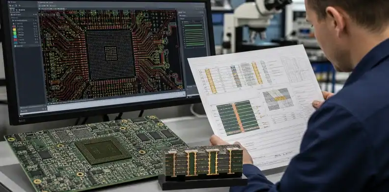 An engineering scene for HDI registration showing a CAM review of a dense BGA escape.