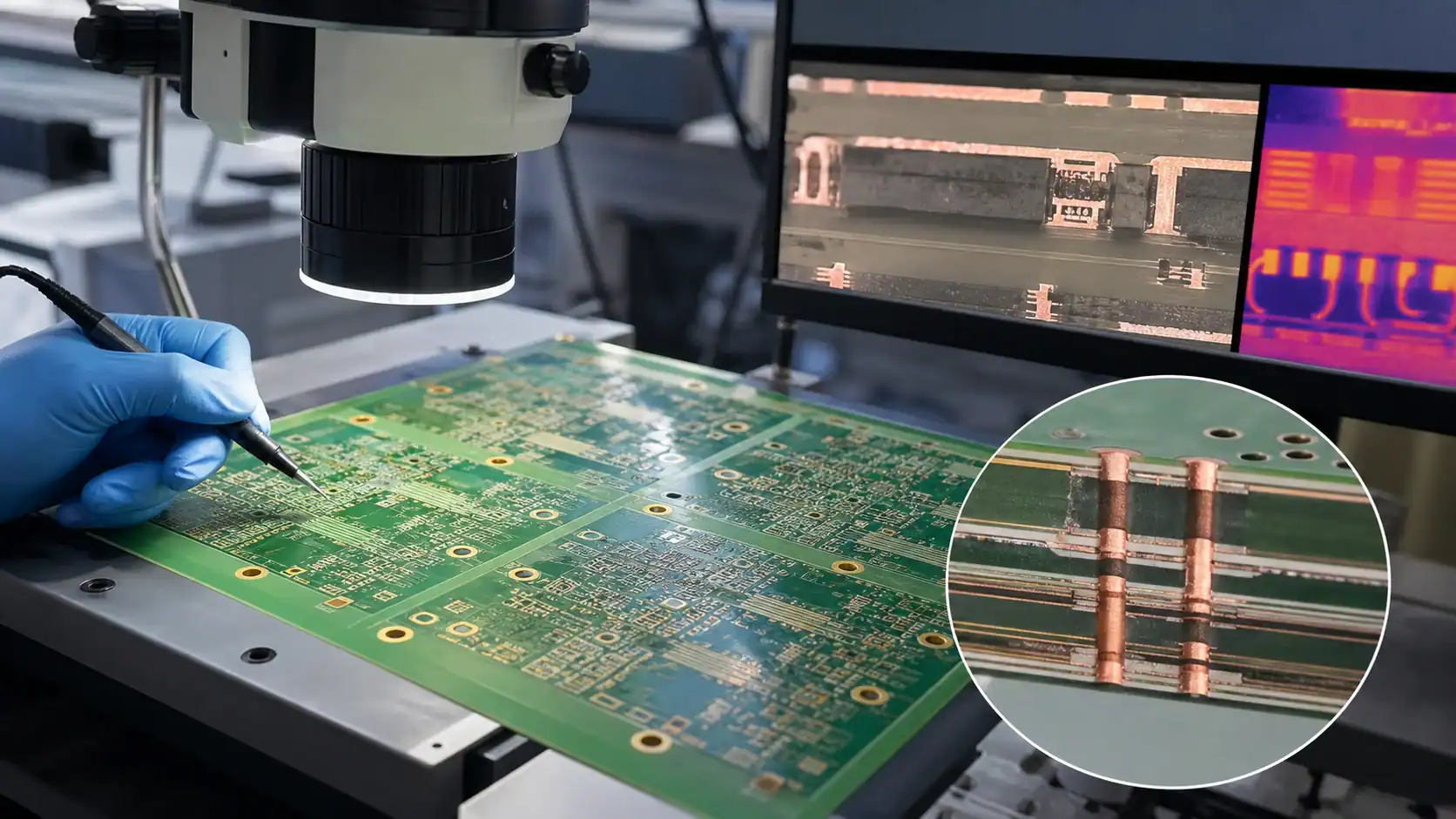 HDI PCB panel under microscope for stackup risk and microvia inspection