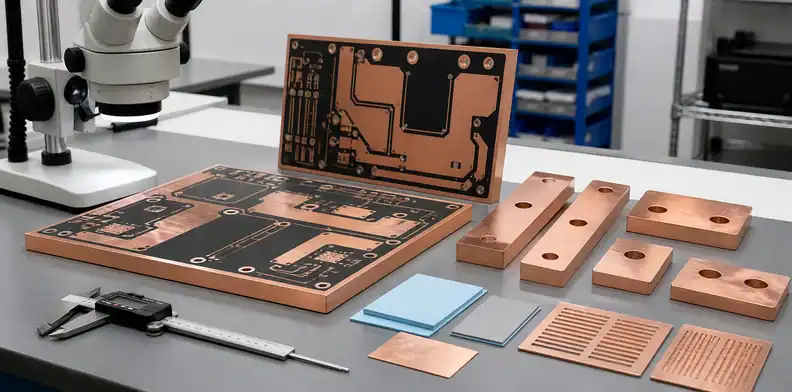 Heavy copper coupons show ai pcb specialty limits for spacing, etch compensation, and thermal features.