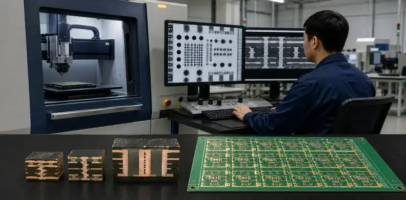 X-ray and microsection evidence verify blind and buried vias in hybrid PCBs before release