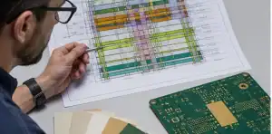 Engineer reviewing a high frequency hybrid PCB stackup with RF layers and FR4 support layers before RFQ release