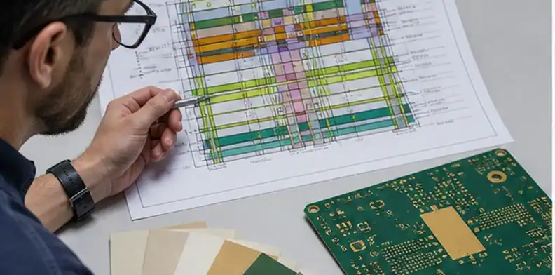 Engineer reviewing a high frequency hybrid PCB stackup with RF layers and FR4 support layers before RFQ release