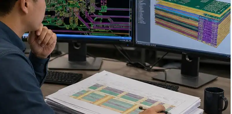 Engineer reviewing a high speed hybrid PCB stackup for low-loss routing and FR4 support layers