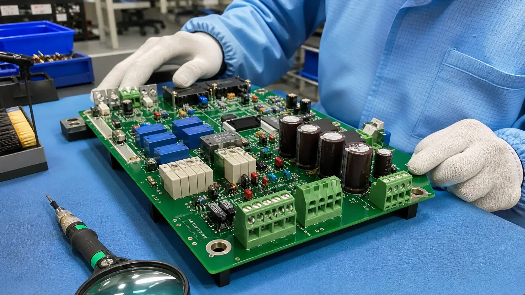 High-vibration motor controller PCB assembly with rugged through-hole connectors and capacitors
