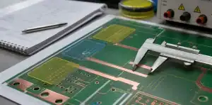 High voltage PCB design review with calipers measuring wide isolation spacing before RFQ