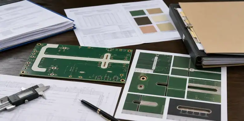 High voltage PCB design RFQ evidence desk with slot photos and material data sheets