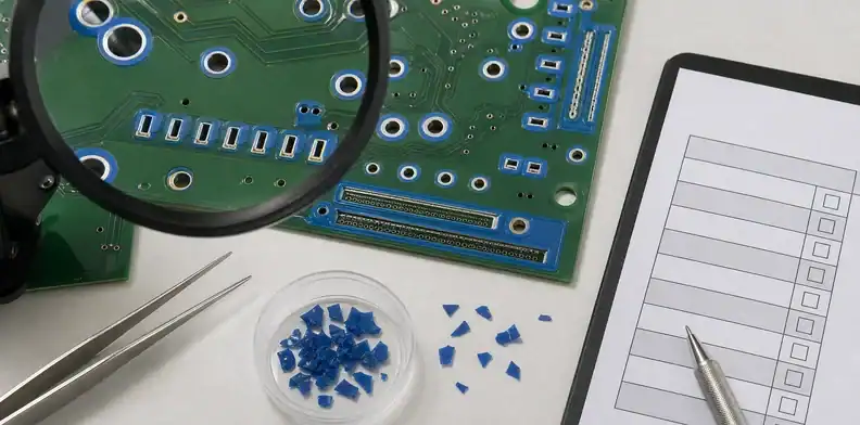 A magnifier checks peelable solder mask around holes and connector pads for trapped material.