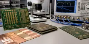 HVLP copper foil PCB lab bench with high-speed test coupons and insertion loss equipment