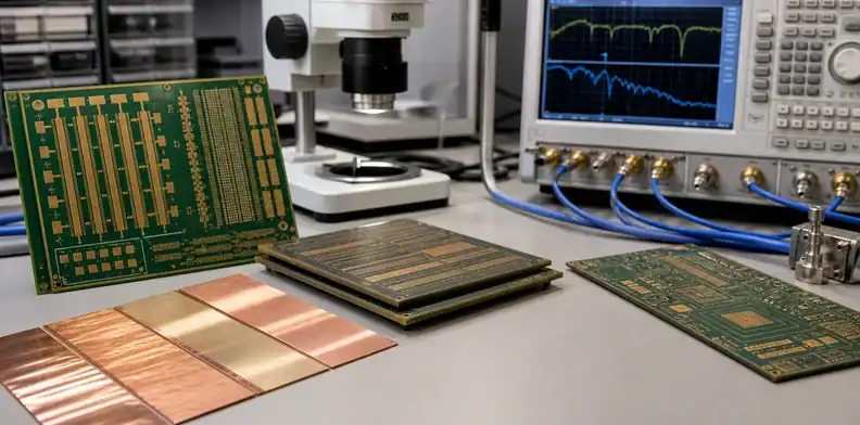 HVLP copper foil PCB lab bench with high-speed test coupons and insertion loss equipment