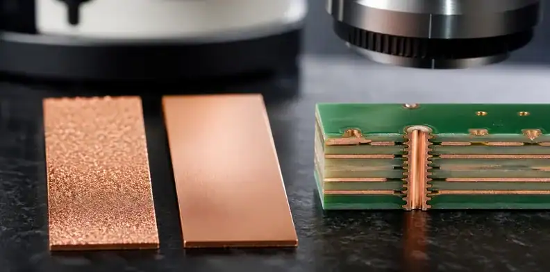 HVLP copper foil PCB roughness comparison under microscope with stackup cross-section coupon