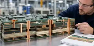 An engineer reviews blind and buried vias in hybrid PCBs using a layered build-sequence model