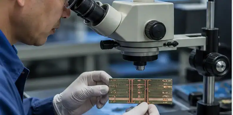 Process engineer reviewing lamination and drilling evidence for a high frequency hybrid PCB stackup